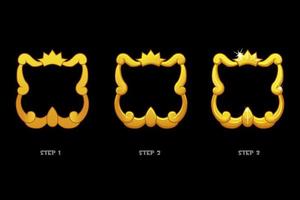 Gold frame templates with crown, blank avatar 3 steps of drawing for game. vector