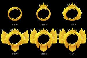 Gold frame game rank, round avatar template 6 steps animation drawing for game. vector