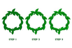 Cartoon leaf frames, green pattern in 3 steps for ui games. vector