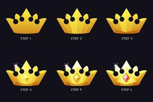 Golden crowns for game, template 6 steps drawing for game. Vector illustration set royal icons with diamond, design improvements.