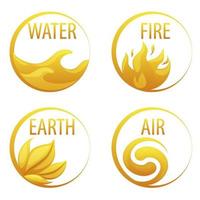 4 elements nature, golden icons water, earth, fire, air for the game. Vector illustration set round frames with signs nature for design.