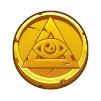 Golden coin with All-seeing eye. Pyramid and All-seeing eye, Freemasonry Masonic Symbol vector