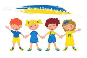 Ukrainian girls and boys in the colors of the flag of Ukraine. Children characters holding hands, support and peace in Ukraine. vector