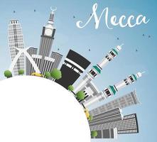 Mecca Skyline with Landmarks, Blue Sky and Reflection. vector