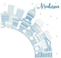 Outline Madison Skyline with Blue Buildings and Copy Space. vector