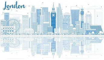 Outline London Skyline with Blue Buildings and Reflections. vector