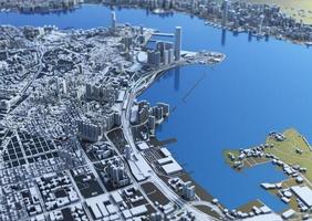 big city in the mountains top view. illustration in casual graphic design. fragments New York 3D render photo