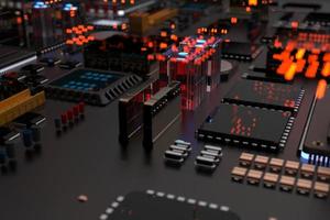 placa de circuito impreso con microchips, procesadores y otras partes de la computadora sobre un fondo oscuro. renderizado 3d foto