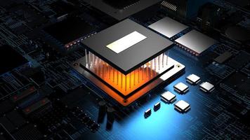 processor chip on a printed circuit board in red backlight. 3d illustration on the topic of technology and the power of artificial intelligence. photo