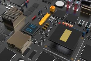 placa de circuito impreso con microchips, procesadores y otras partes de la computadora. 3D Render sobre el tema de la tecnología y la gran potencia informática foto