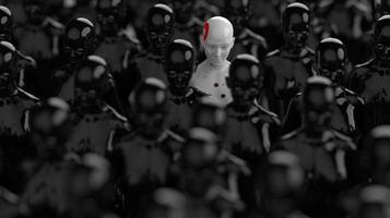 group of robots in female image standing in rows artificial intelligence and robotics concept photo