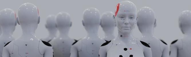 group of robots in female image standing in rows artificial intelligence and robotics concept photo