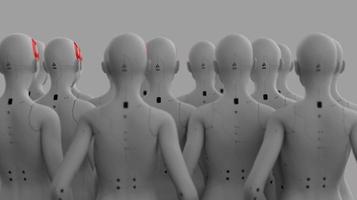 grupo de robots en imagen femenina de pie en filas inteligencia artificial y concepto de robótica foto