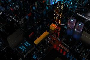 printed circuit board with microchips, processors and other computer parts on a dark background. 3d render photo