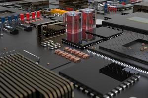 printed circuit board with microchips, processors and other computer parts on a dark background. 3d render photo