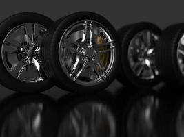 auto wheel with chrome disks close-up on a dark background. 3d render photo