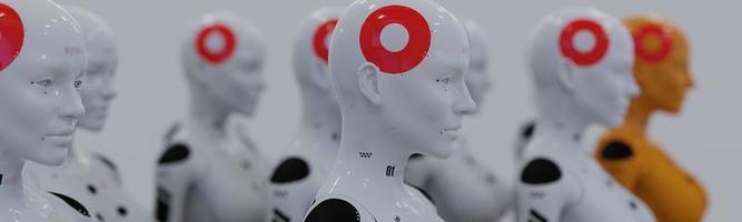 group of robots in female image standing in rows artificial intelligence and robotics concept photo