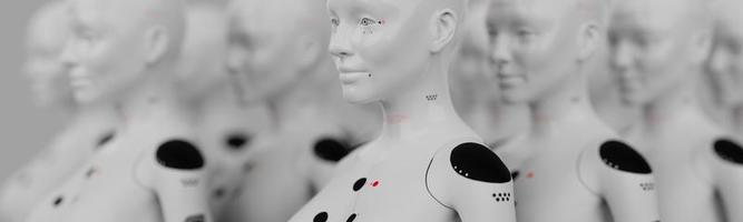 group of robots in female image standing in rows artificial intelligence and robotics concept photo