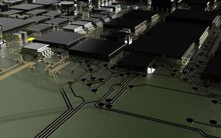 processor chip on a printed circuit board in red backlight. 3d illustration on the topic of technology and the power of artificial intelligence. photo