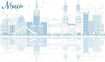 Outline Mecca Skyline with Blue Landmarks and Reflections. vector