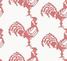 Knitted Rooster Seamless Pattern in Red Color. vector