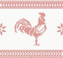 Knitted Rooster Seamless Pattern in Red Color. vector