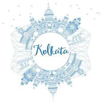 delinee el horizonte de kolkata con puntos de referencia azules y copie el espacio. vector