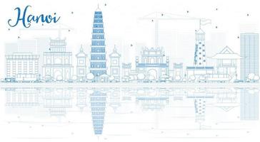 Outline Hanoi skyline with blue Landmarks and reflections. vector