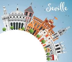 Seville Skyline with Color Buildings, Blue Sky and Copy Space. vector