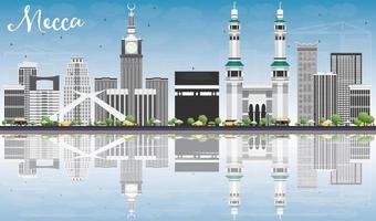 Mecca Skyline with Landmarks, Blue Sky and Reflections. vector