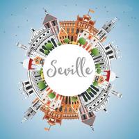 Seville Skyline with Color Buildings, Blue Sky and Copy Space. vector