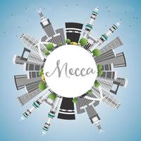 Mecca Skyline with Landmarks, Blue Sky and Reflection. vector