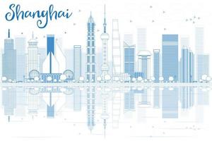 Outline Shanghai skyline with blue skyscrapers and reflections. vector