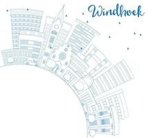 Outline Windhoek Skyline with Blue Buildings and Copy Space. vector