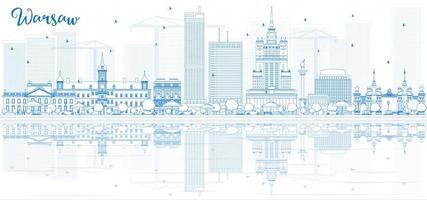 Outline Warsaw skyline with blue buildings and reflections. vector