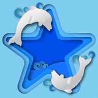 blue star shaped frame with sea view and dolphins jumping  in summer of paper art style,vector or illustration with travel concept photo