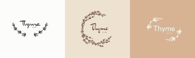 Thyme plant badges and logo. Stamp labels for tag with isolated thyme leaves. Hand drawn natural sign for tag product in simple rustic design. Logo design templates for vintage branding vector