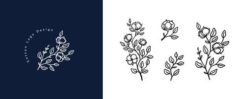 conjunto de ilustración de plantas de algodón orgánico y plantilla de logotipo de insignias. etiquetas de sello vintage para etiqueta con flor de algodón aislada. colección de signos naturales dibujados a mano y elementos de diseño rústico.