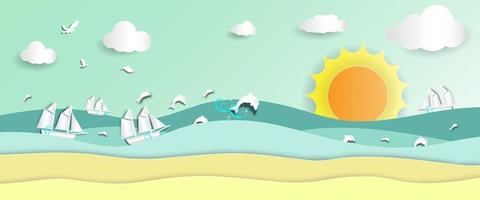 Sea view with barque and dolphins jumping on beach in summer of paper art style,vector or illustration with travel concept photo