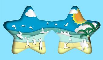 marco en forma de estrella con vista al mar y scooter en verano con familia feliz y amigos saltando en la playa de estilo de arte de papel, vector o ilustración con concepto de viaje foto