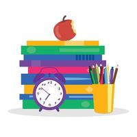 Ready for school concept background with books, alarm clock and accessory Rendering, vector Illustration