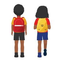 Kids with backpack back view. Back rear spine view video of dark skin boy and girl wear rucksack isolated on white background. vector