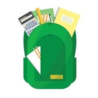 School backpack with stationery on white background. Back to school. Vector illustration