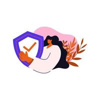 mujer con escudo de protección. ilustración vectorial en diseño plano para banner web y aplicación móvil vector