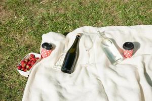 Champagne bottle on blanket photo