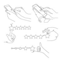 Set of black and white simple illustrations for Ratings, Reviews, testimonials. Drawings in one Line style. Hands show Star Rating. Hands hold a Mobile phone. vector