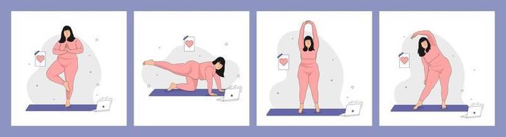 Cute Overweight girl doing Yoga. Set of Yoga exercises. Concept of love for your Body and Body Positive and healthy lifestyle. Hand drawn in thin Line style. Vector illustration.