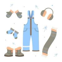 lindo conjunto niños cálidos ropa de otoño e invierno, accesorios. ropa infantil y complementos para el frío. ilustración vectorial plana. vector