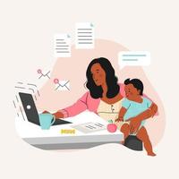 African American Mother with child working on the laptop from home. Female Freelance Worker with child at workplace. Online job, motherhood concept. Flat vector illustration.