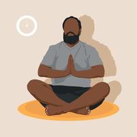 hombre haciendo yoga en su habitación o apartamento. hombre barbudo sentado en posición de loto. ilustración conceptual para yoga, meditación, relajación, descanso, estilo de vida saludable. ilustración de vector plano sin rostro.